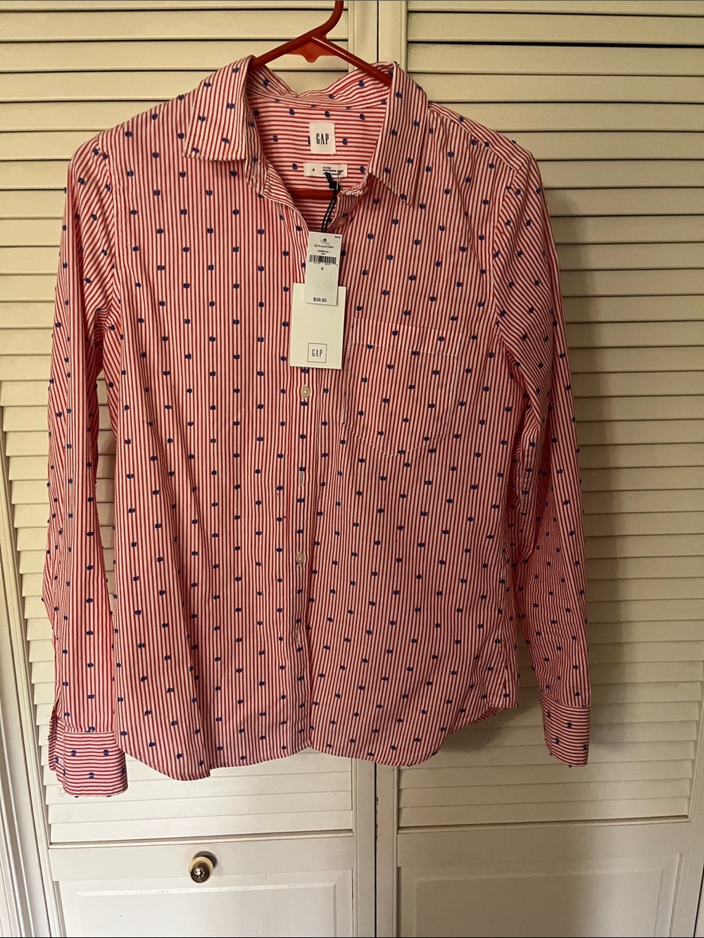 GAP women’s light red Striped Button-Down Shirt with royal blue Detail